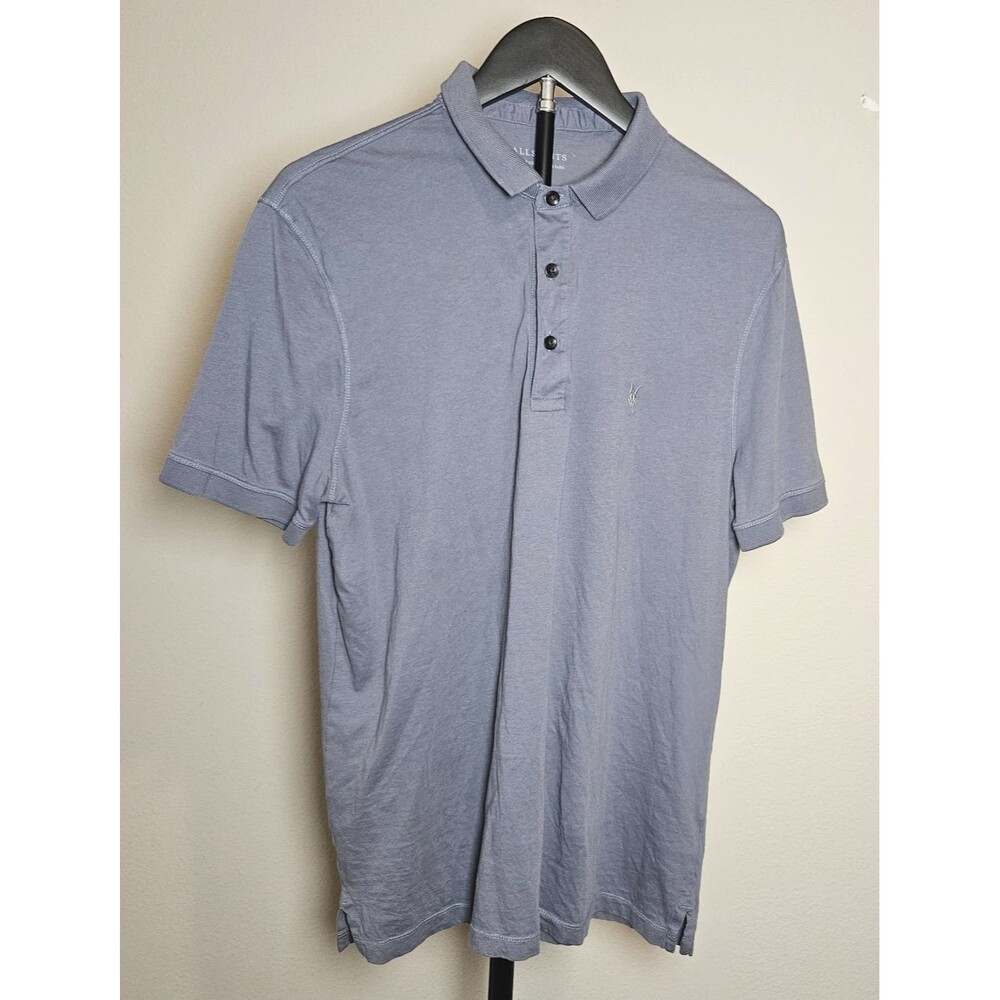 AllSaints Polo Shirt Mens M Gray Short Sleeve Cotton Slim Fit Skull Logo Casual